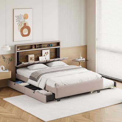 Beige Queen Size Upholstered Platform Bed with Storage Headboard,Twin XL Size Trundle and 2 drawers