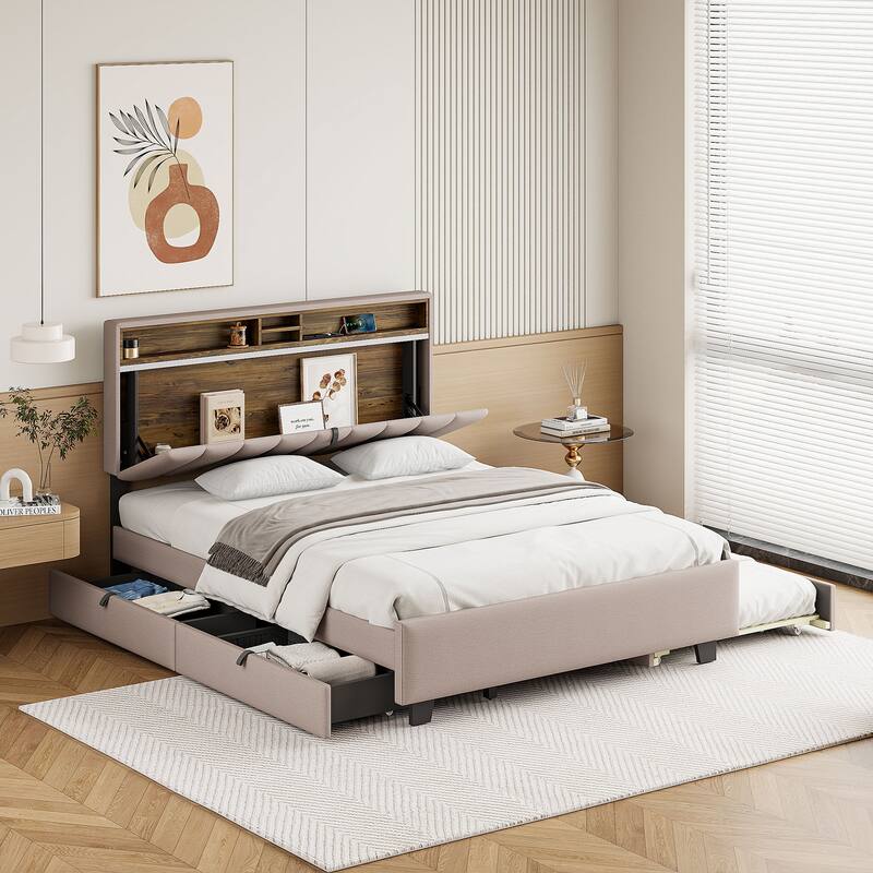 Upholstered Bed with Storage Headboard and Drawers - Beige - Queen