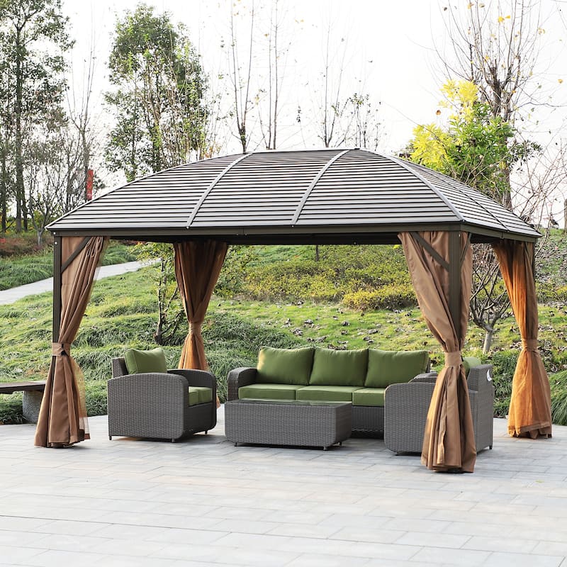 Outsunny 10x13 Hardtop Gazebo, Permanent Metal Roof Gazebo Canopy Arc with Aluminum Frame