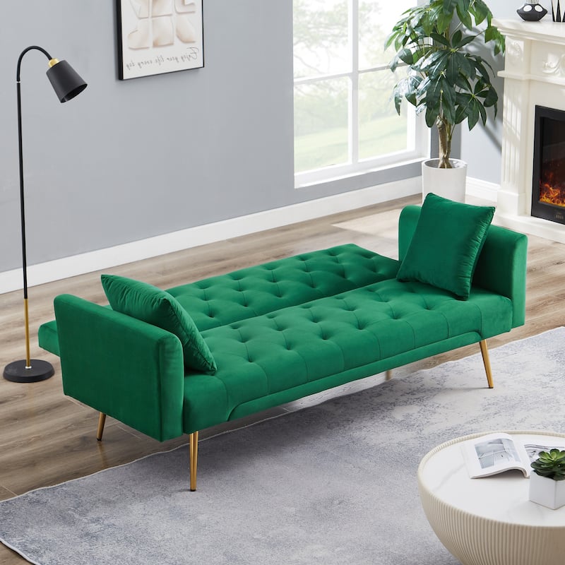 Velvet Sofa Bed with Metal Legs & 2 Pillows