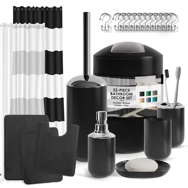 Clara Clark 23 Piece Complete Bathroom Accessories Kit With Shower Curtain and Rug Set - Black