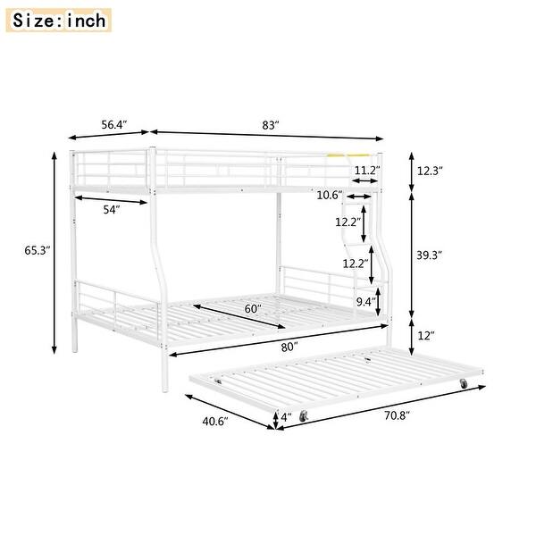 Industrial Modern Full XL Over Queen Metal Bunk Bed with Trundle, Save Space or Split Into 2 Beds, Crafted For Safety, White