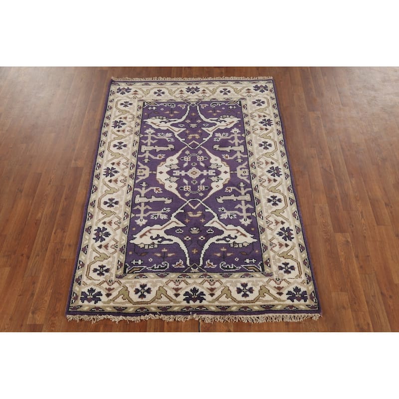 Purple Oushak Indian Area Rug Hand-Knotted Wool Carpet - 4'1"x 5'11"