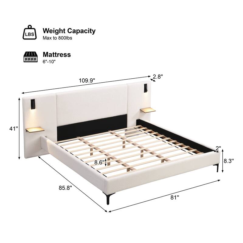 Platform Bed Frame with Integrated Lights, Upholstered Bed Frame with Headboard, Wood Slat Support, No Box Spring Needed