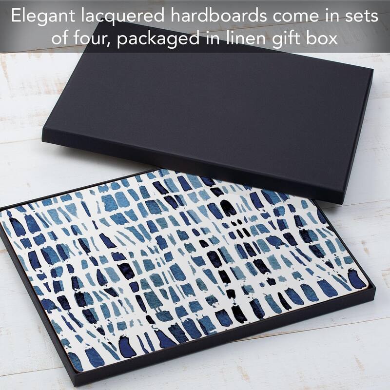 Indigo Wavy Lines Decorative Hardboard Placemats with Protective Cork Backing 4 Pack Heat Tolerant and Easily Wipes Clean