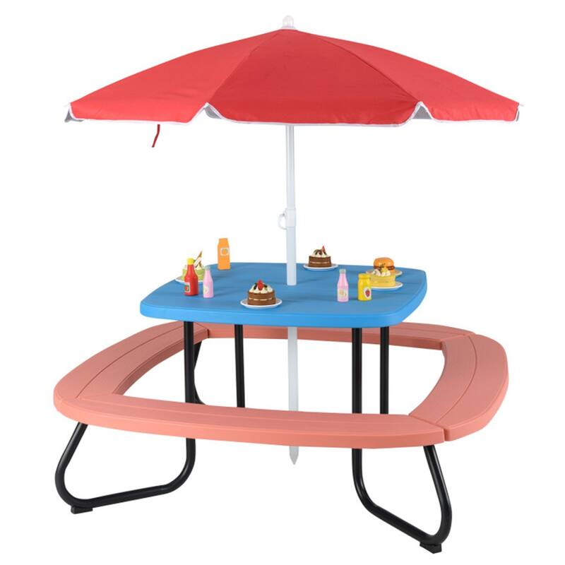 Kids Outdoor Picnic Table with Adjustable Umbrella and Benches Metal Frame and Weather-Resistant Surface - 49" × 49" × 39"-63"