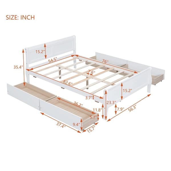 dimension image slide 3 of 4, Full Wood Platform Bed with Drawers - Elegant Design, No Box Spring Needed