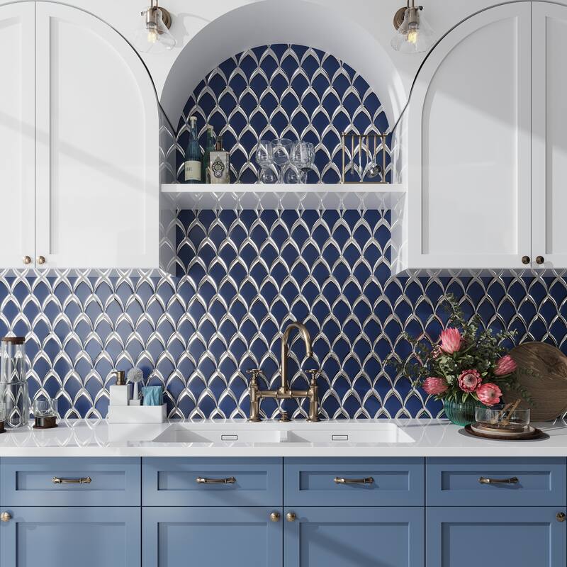 Mirari 10x12 in. Glossy Glass Fish-shaped Mosaic Wall Tile (4.25 sq ft/case, 5-Pack) - Blue, Gray