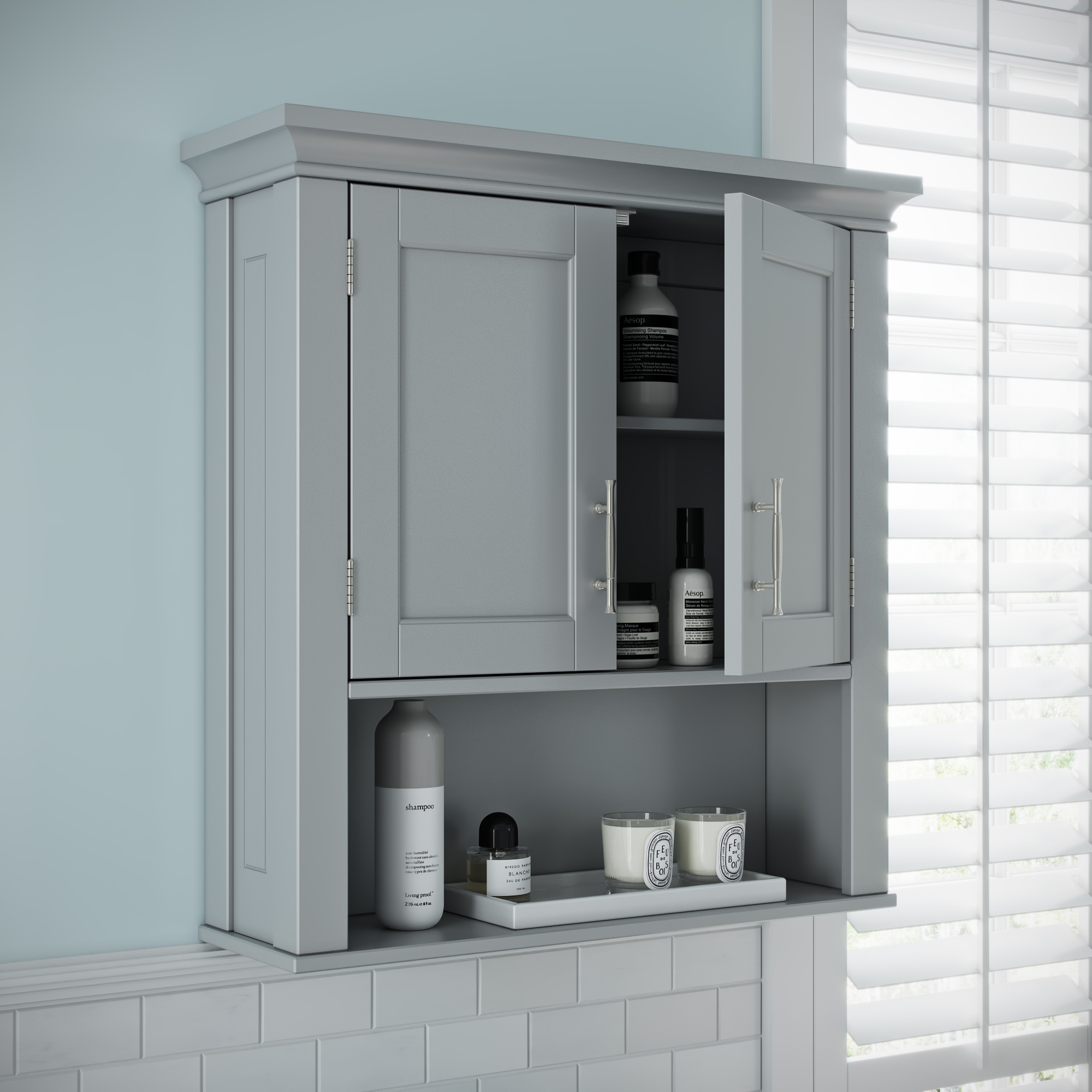 RiverRidge Somerset Two-Door Bathroom and Laundry Wall Mount Storage Medicine Cabinet with Open and Adjustable Shelf - Gray