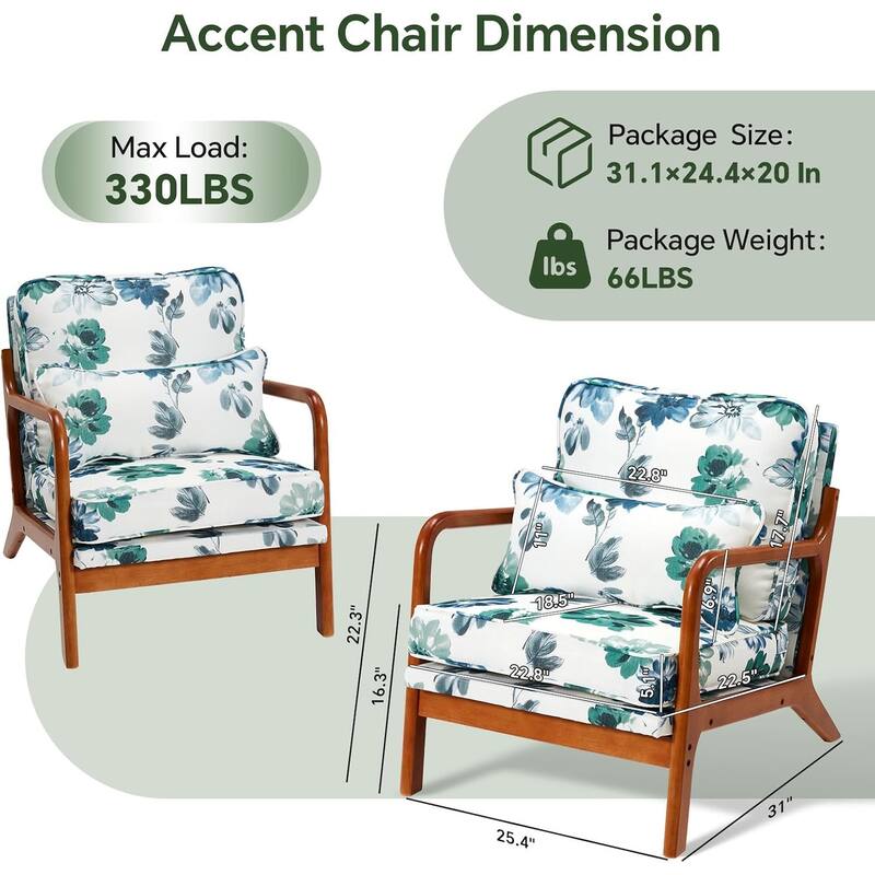 EROMMY Mid Century Modern Accent Chair - Floral Lounge Chair with Solid Rubber Wood Frame, 330lbs Capacity, Green