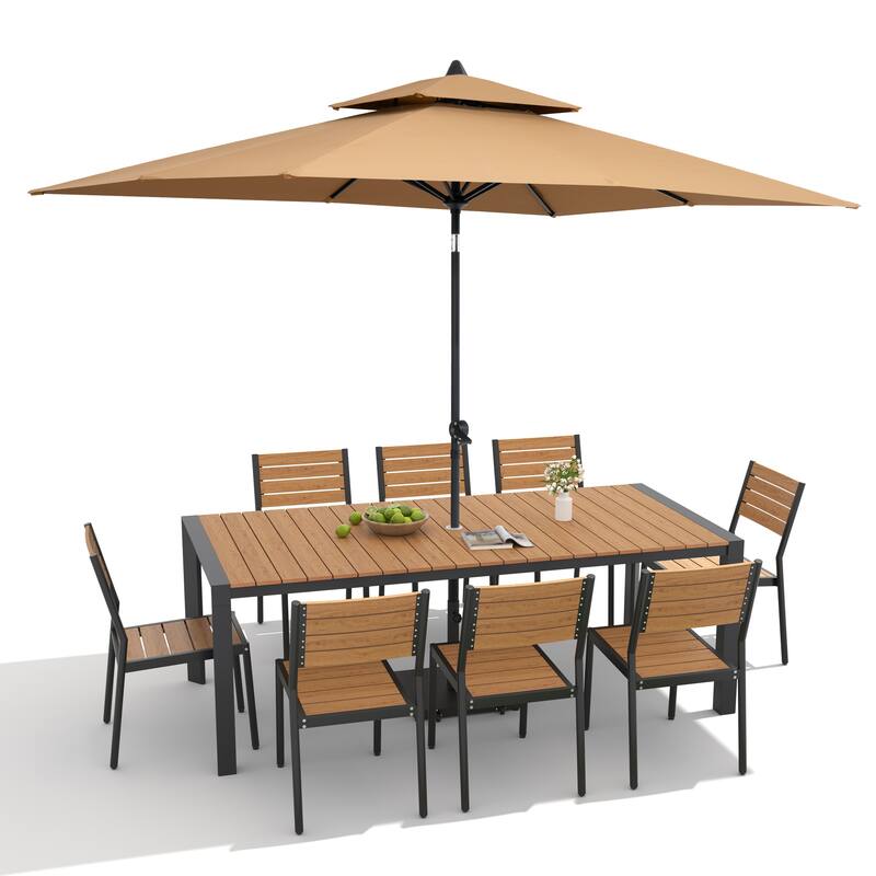 9/11-Piece Outdoor Dining Set Aluminum Table and Stackable Chairs w/10 ft Umbrella and Base