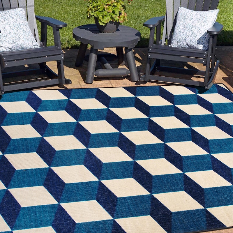 Contemporary Geometric Flatweave Indoor/Outdoor Area Rug - 5' X 7' - Blue