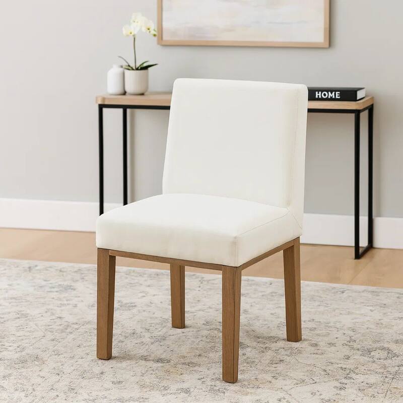 Rux 19 Inch Dining Chair, White Polyester, Wood Legs, Set of 2, White, Brown