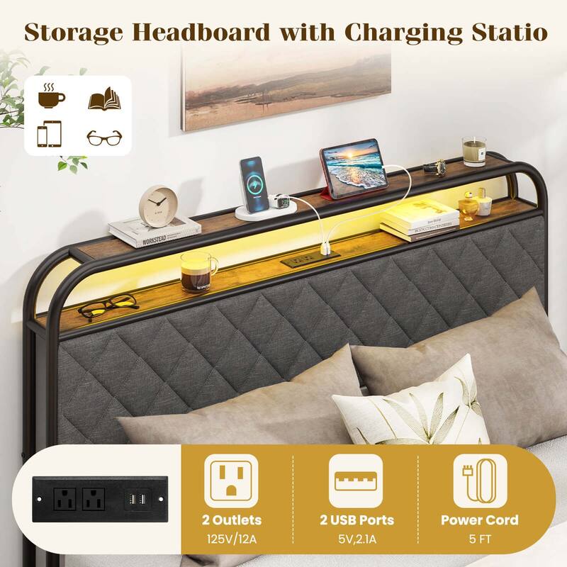 Costway Twin/Full/Queen Size Bed Frame with LED Lights & Charging