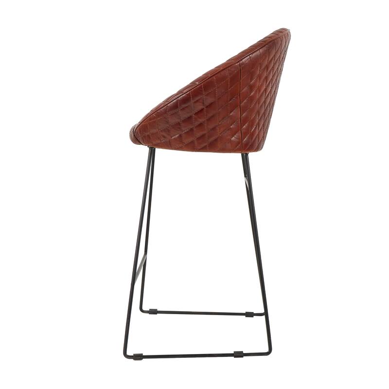 Brown Leather Round Diamond Tufted Bar Stool with High Back and Black Metal Legs (Set of 2)
