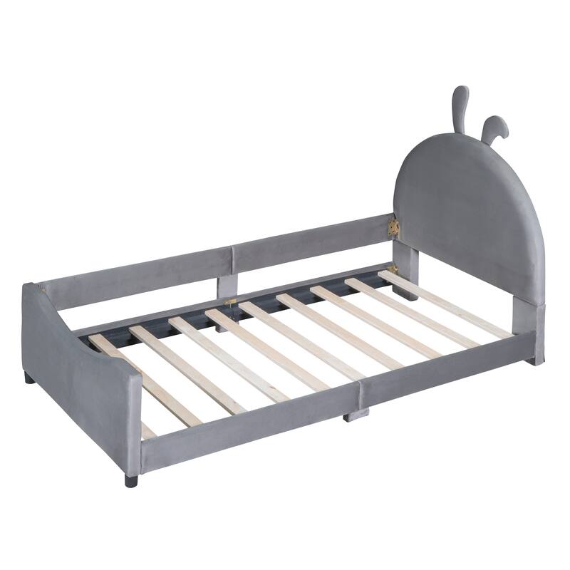 Twin Size Velvet Upholstered Daybed with Rabbit Ear Shaped Headboard Design and Footboard