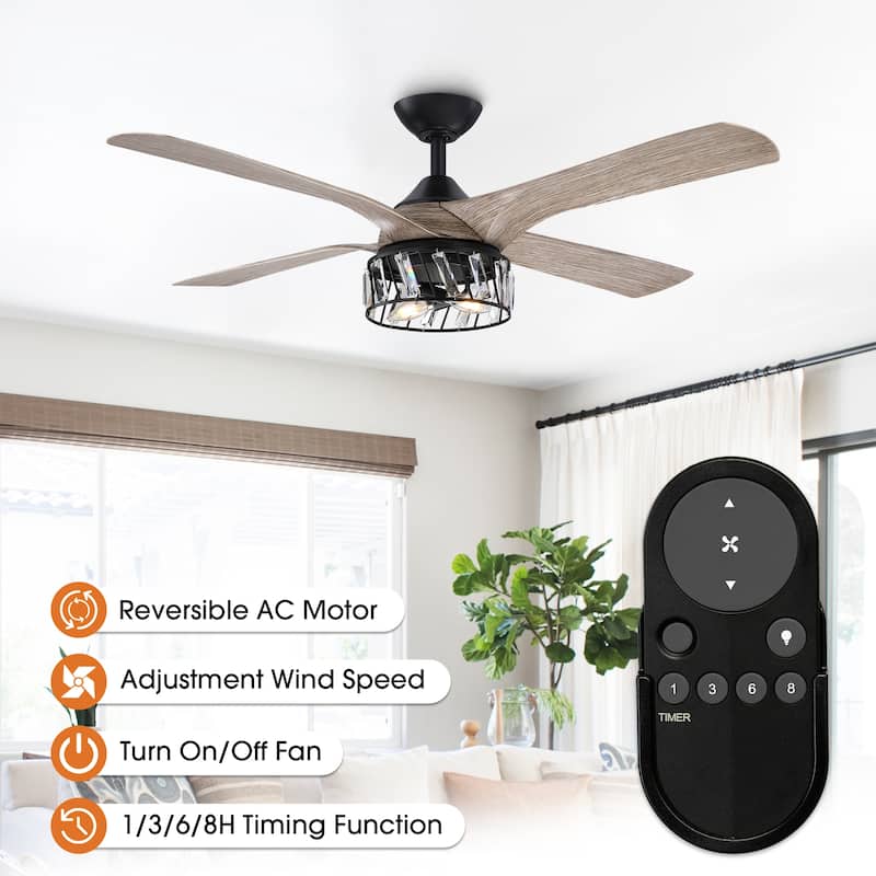 52" Farmhouse ABS 4-Blade Indoor Crystal Ceiling Fan with Remote