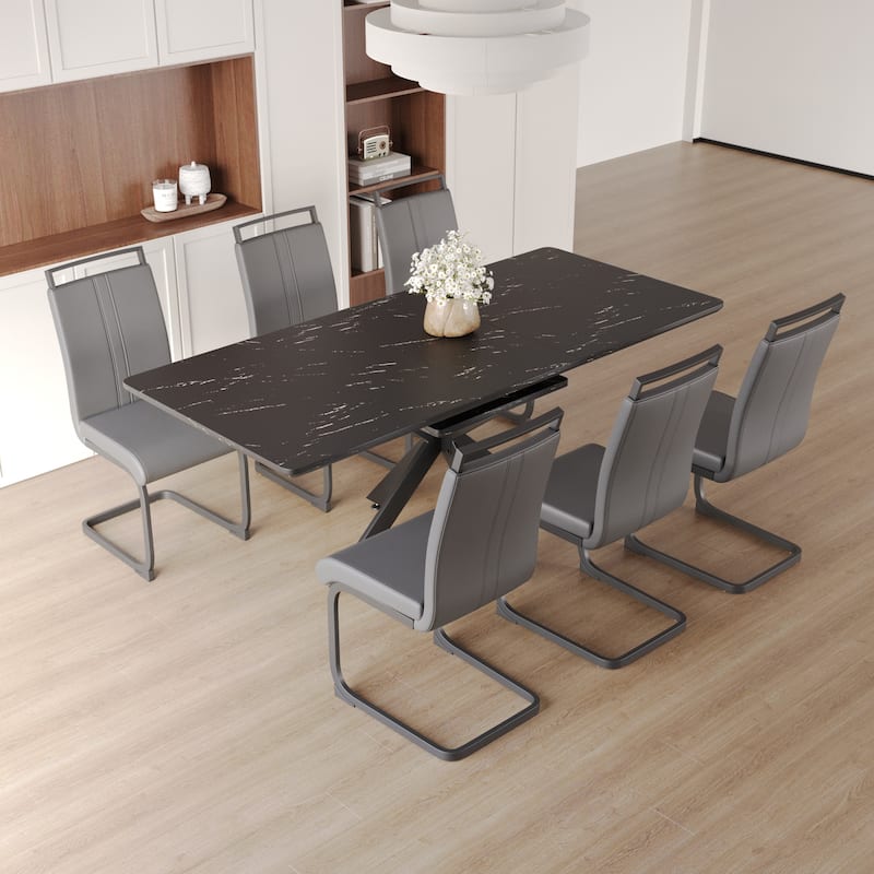 Modern Dining Set with Rectangular Extendable Table & High Back C-shaped Tube Armless Chairs