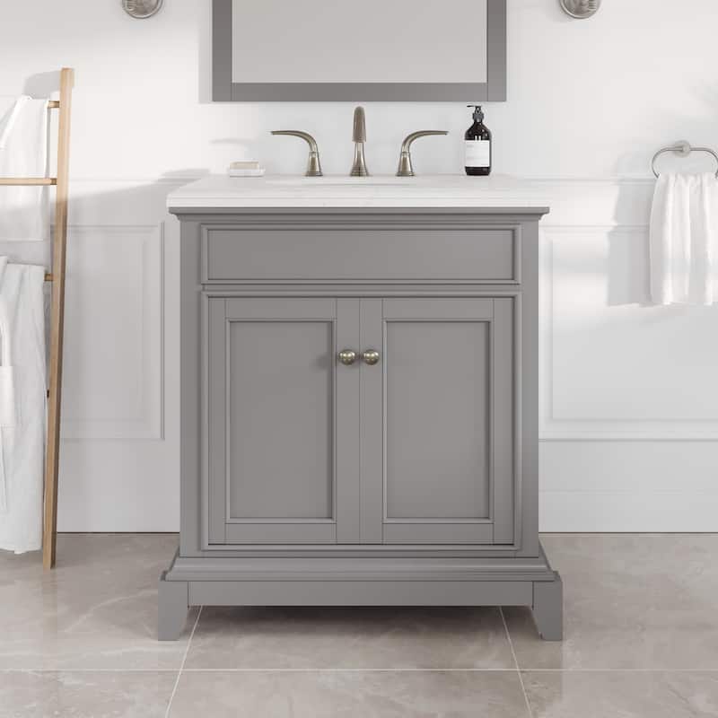 Elite Stamford 24 in. Gray Single Sink Bath Vanity with Carrara Quartz Top and Undermount Porcelain Sink - 24" - 24" - Grey