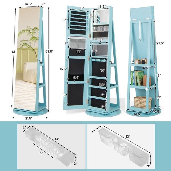 dimension image slide 6 of 8, 360° Rotating Mirrored Jewelry Cabinet Armoire 3 Color LED Modes Lockable - 21.5" x 21.5" x 63.5" (L x W x H)