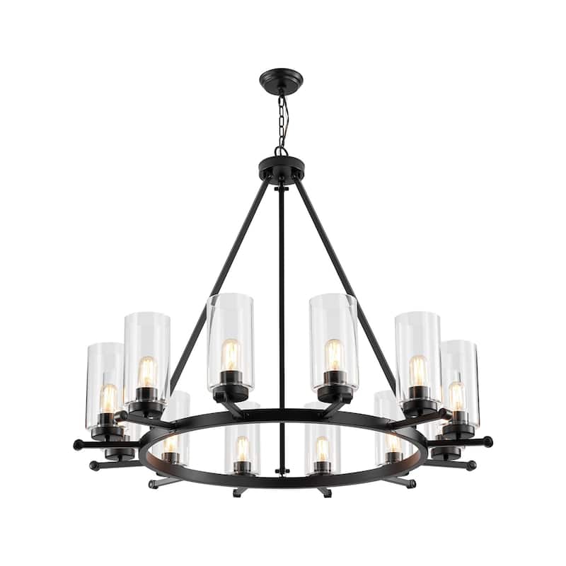 12-Light Mid-Century Modern Black Wagon Wheel Chandelier with Clear Glass Shades - 39.37 in. W x 36.61 in. H