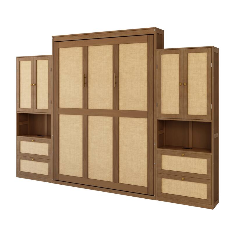Foldable Bed Convert Cube Cabinet Rattan Murphy Bed Space-Saving Bed