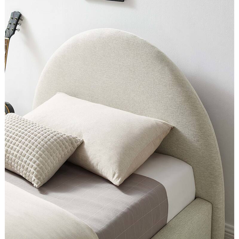 Palmetto Modern Round Headboard Ivory Fabric Upholstered Twin Size Platform Bed