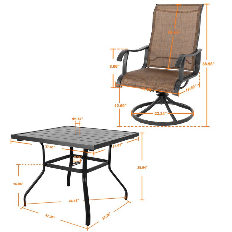 Patio 5-Piece Iron Dining Set with Textilene Swivel Chairs, Brown and Black