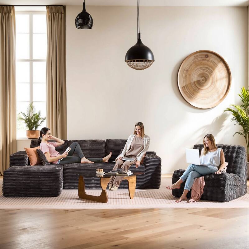 XIZZI Modern Plush Sectional Chaise Couch with Bean Bag Chair