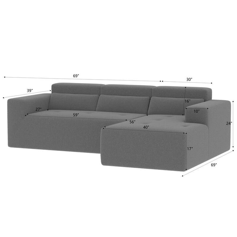 L Shaped Modular Sectional Cloud Sofa with Chaise, Teddy Fabric 3 Seat Corner Sofa, Upholstered Couch with Pillows
