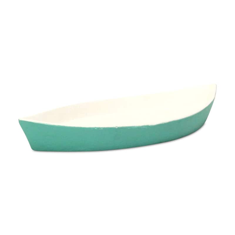 HomeRoots 10" Aqua And White Cast Iron Oval Boat Shaped Tray - 9.75 in. x 1.25 in. x 4.25 in.