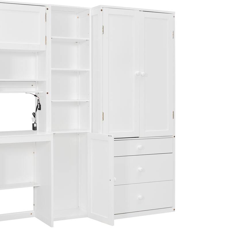Roomfitters Wooden Twin Size Platform Bed with Integrated Desk, Wardrobe, and Multi-Level Storage Cabinets, LED Lighting