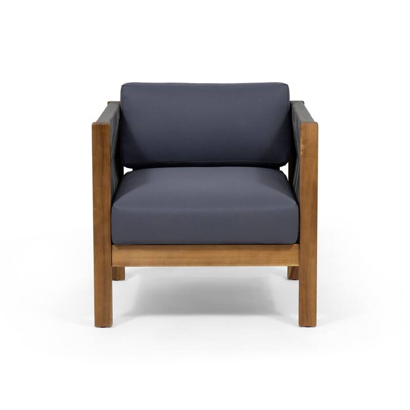 Club Lounge Chair, Woven Rattan Rope, Brown Acacia Wood, Gray Fabric