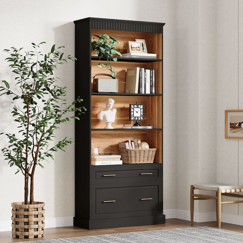 5-tier Tall Modern Wood Bookcase Bookshelf with File Cabinet Drawer