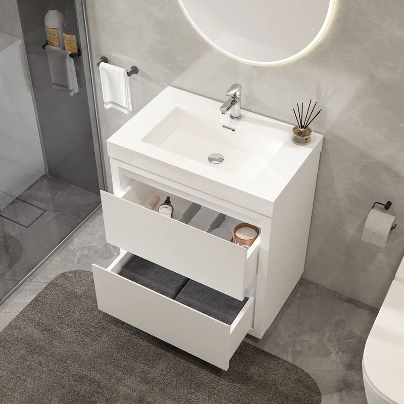Vanity Art 30-Inch Single Sink Floor-Standing Wall Mounted Bathroom Vanity Set White Stone Top Glossy Finish