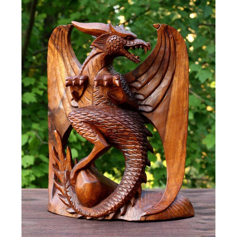 Wooden Handmade Skyrim Dragon Statue Sculpture Handcrafted Gift Art Home Decor Figurine Accent Decoration Artwork Hand Carved - 8" Tall x 7.5" Wide x 3" Deep