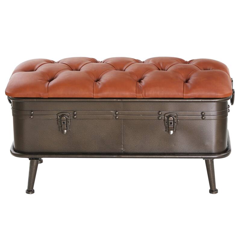 River of Goods Tan Tufted Faux Leather and Distressed Metal 17-inch High Storage Bench