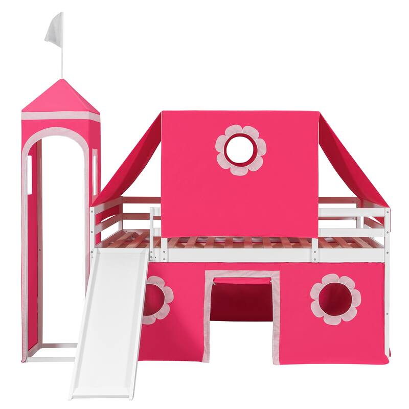 Pink Castle Loft Bed Full Size Bed Tent Frame for Kids with Tower, Slide, Charming window and Semi-enclosed Underbed Space