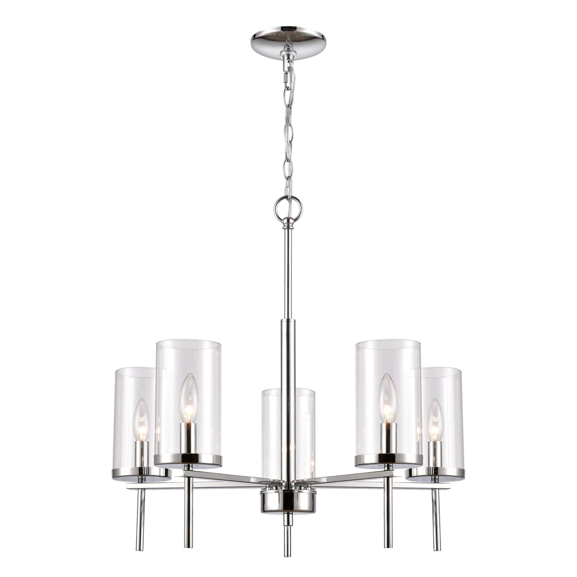 5-Light Ceiling Chandelier with Cylindrical Glass Shades - 23.5" - Chrome Finish