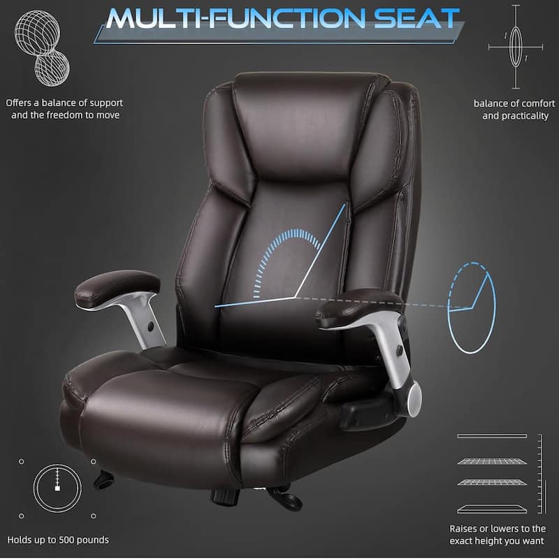 BOSSIN 600lbs Big and Tall Office Leather Chair with Flip up Armrest, Ergonomic Lumbar Support and Quiet Rubber Wheel