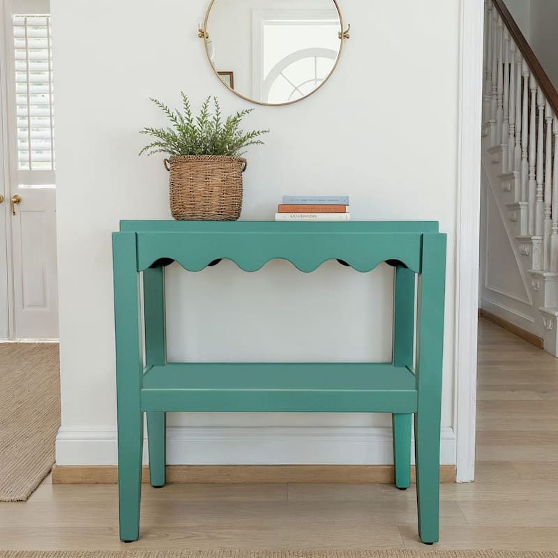 Carolina Chair & Table Rectangular Side Table, Mango Wood, Decorative Scallop Edge, 17L x 28W x 28H inches - Green