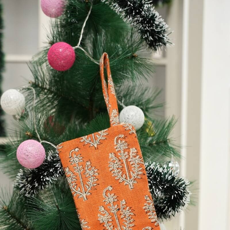 Fabdivine Handmade Floral Christmas Stockings Linen Block Print Décor - 10"X4.5"