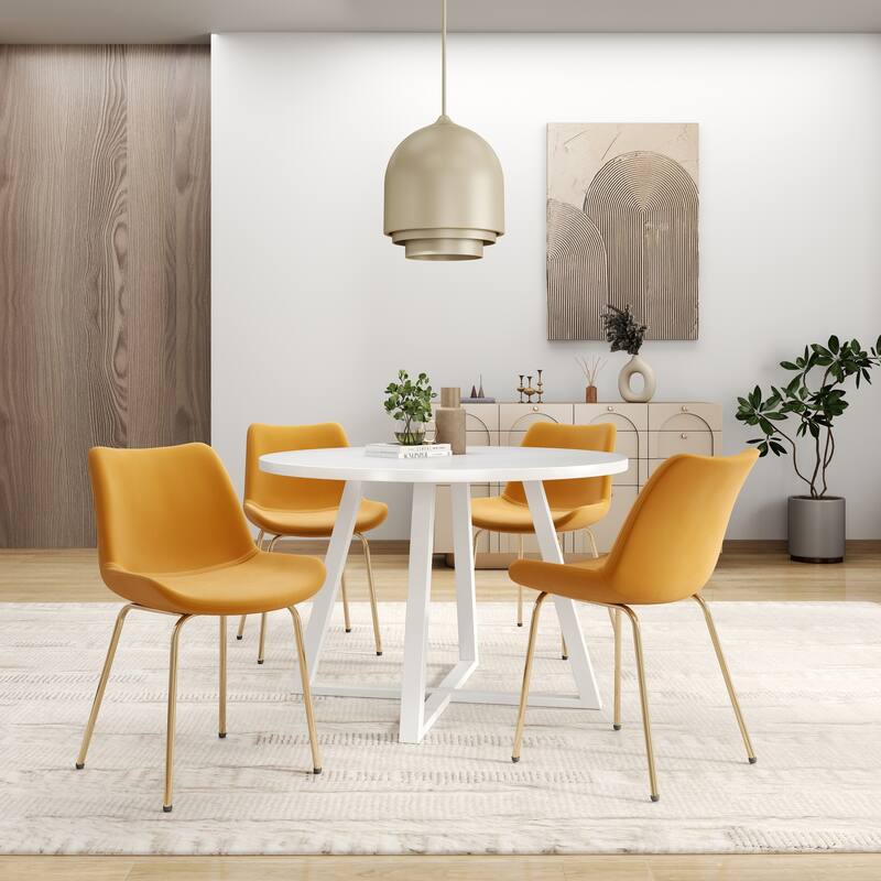 White Gold Velvet Upholstered Dining Chairs with Metal Legs, Trestle Round Dining Table, Elegant Dining Table and Chair Set