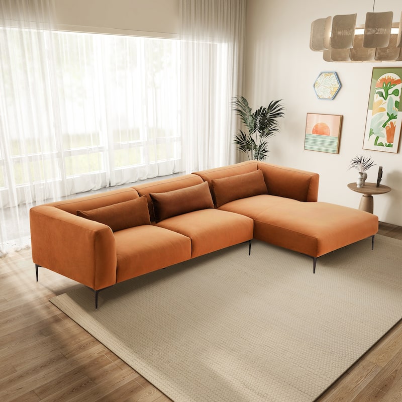 Savenoy Japandi Style L-Shaped Fabric Upholstered Sectional - Burnt Orange Velvet
