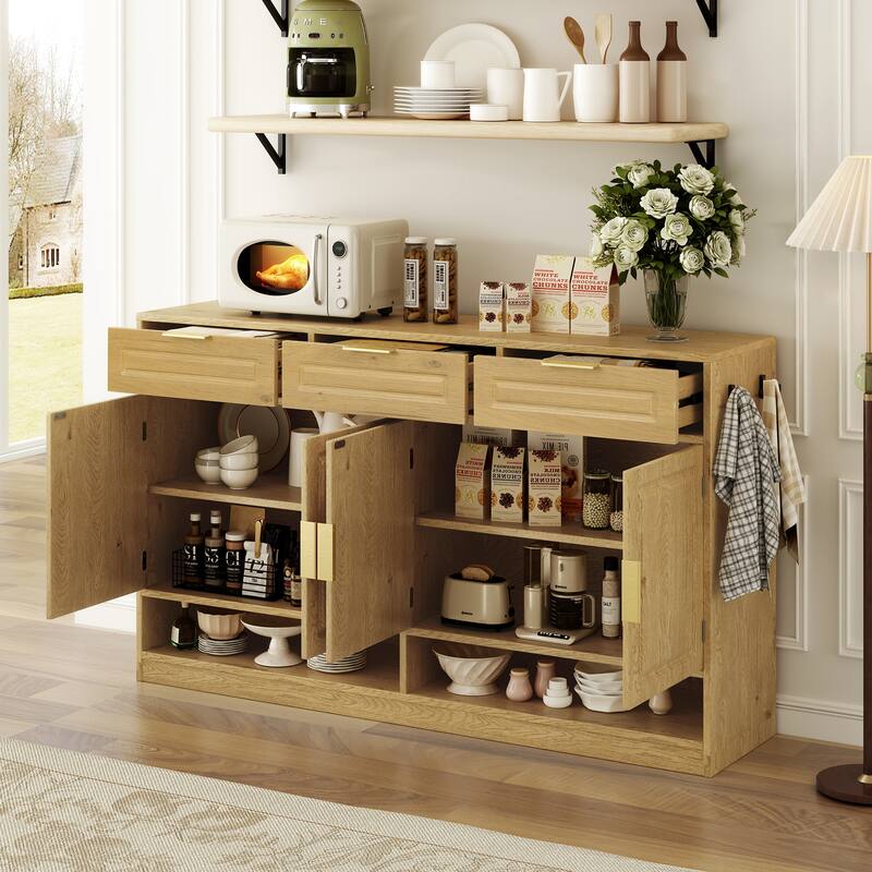 Multi-Functional Storage Buffet with 3 Drawers & 4 Doors, Sideboard with Adjustable Shelf and Open Storage Compartments
