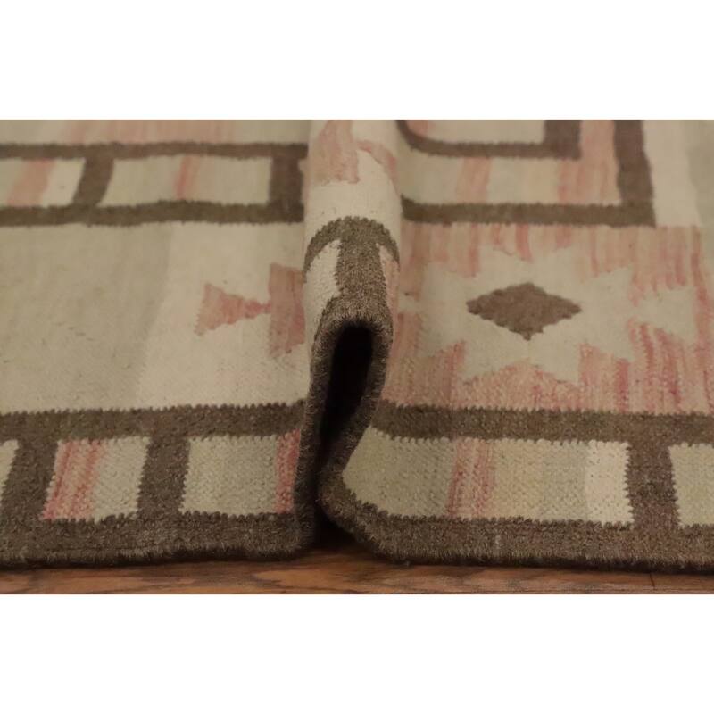 Hand Woven Oriental 100% Wool Carpet Southwestern Tribal Beige & Ivories Kilim Area Rug - 8' 8'' X 5' 10''