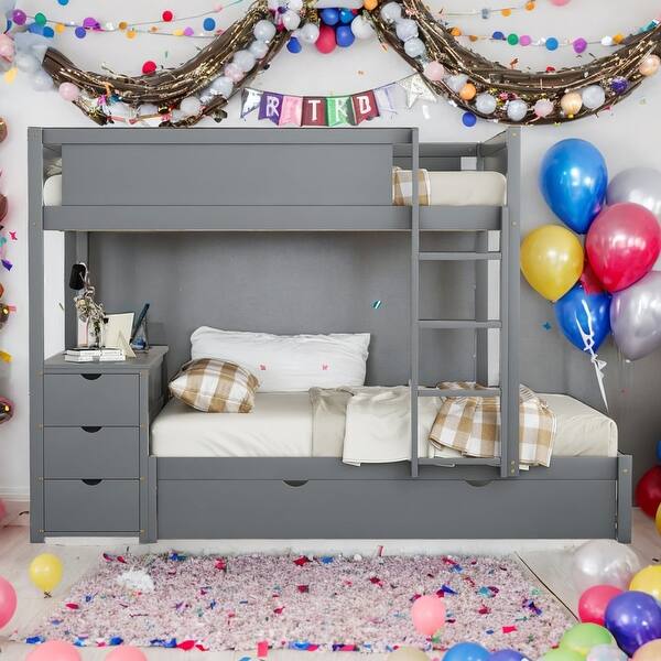 slide 2 of 19, Full-Over-Full Bunk Bed With Twin size Trundle,Storage And Desk for Bedroom Grey
