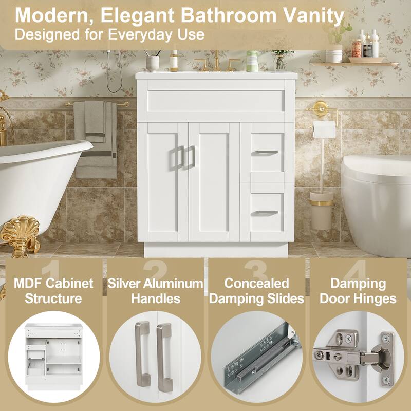 30" Bathroom Vanity Cabinet with 2 Doors & 2 Drawers, Soft-Close Hidden Slides and Adjustable Shelf