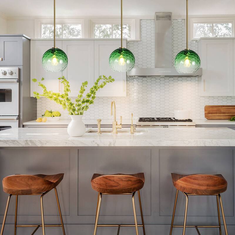 1-Light Modern Gold/Black Metal Hanging Pendant with Green Hammer Textured Glass Shade for Kitchen Island, Living room