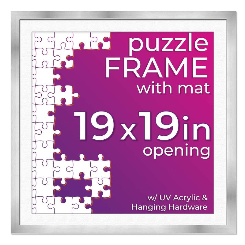 19x19 Jigsaw Puzzle Frame Kit - Kit Includes Puzzle Glue Sheets, Silver Wood Puzzle Frame with White Mat